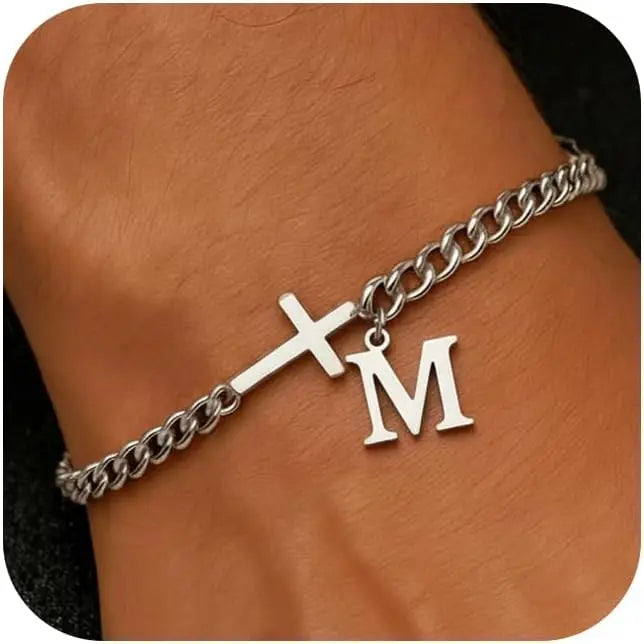 Men Cross Cuban Chain Bracelets for Men Initial A-Z Faith Cross Bracelets, Stainless Steel Initial Bracelet Religious