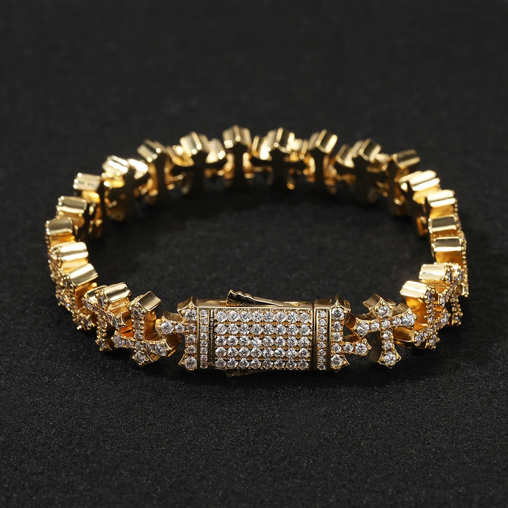Uwin 11.5mm Cross Link Chain Bracelet For Women Men Iced Out Cubic Zirconia Cross Cuff Bracelet Anklet Hiphop Jewelry