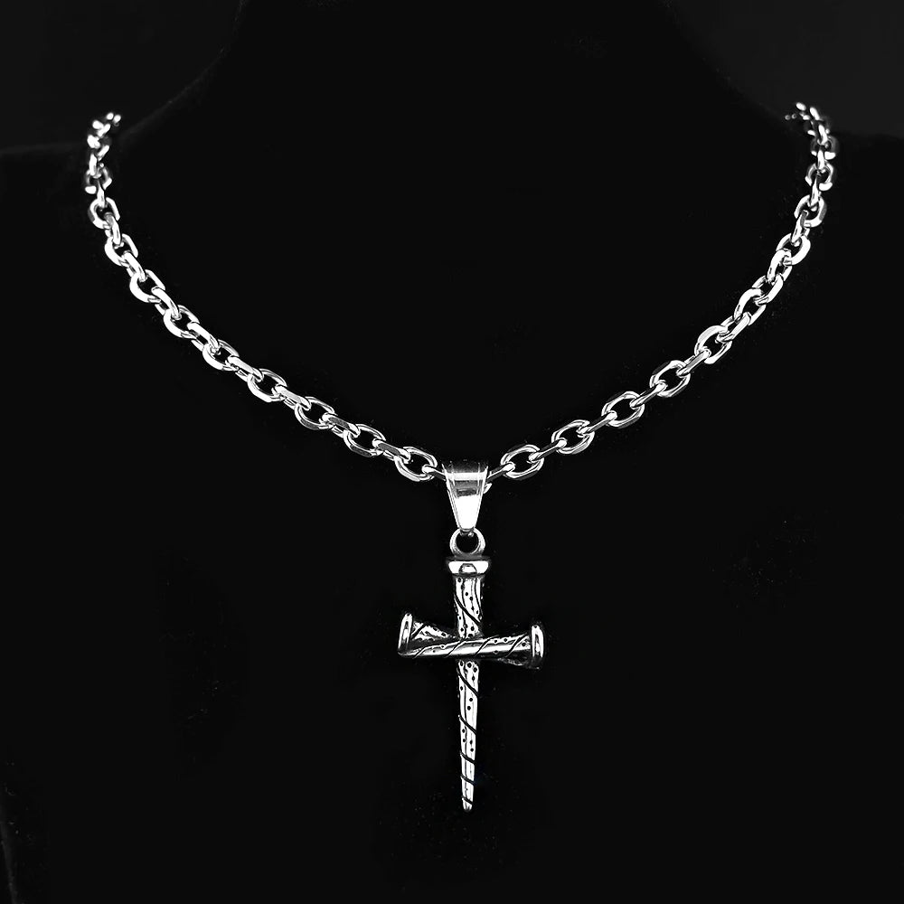 Vintage Nail Spike Cross Pendant Necklace — Stainless Steel