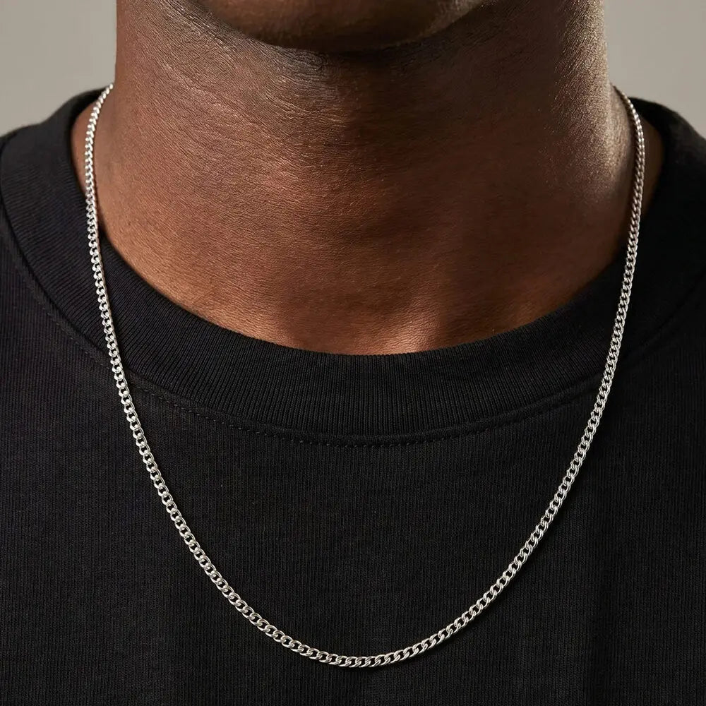 2mm Casual Stainless Steel Cuban Chain Necklace for Men,Hip Hop Punk Silver Color Metal Chain Link Layers Collars