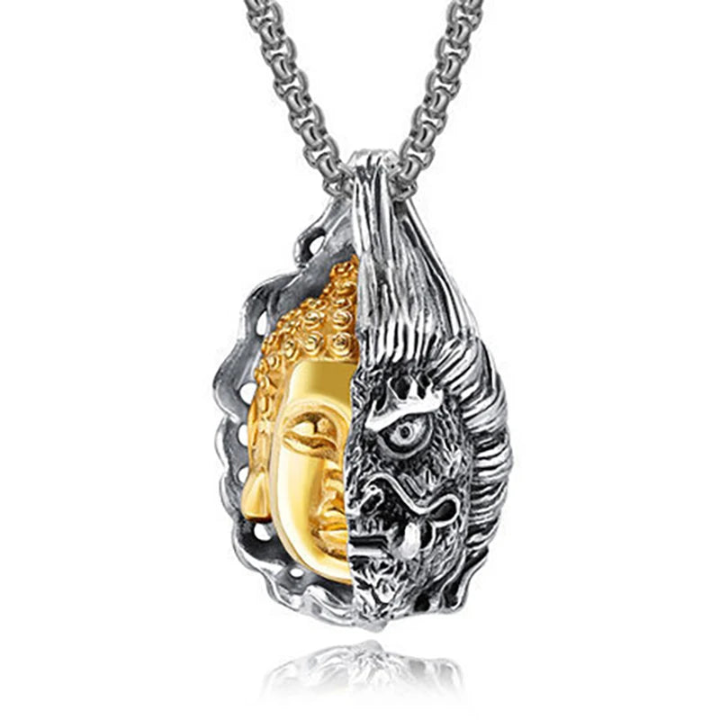 Gothic Buddha Demon Cuban Chain Necklace — Two-Tone, 21in