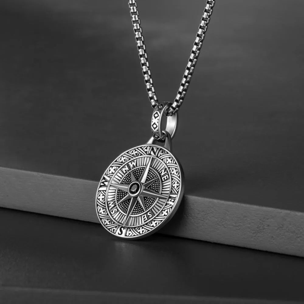 Compass Pendant Necklace Silver Stainless Steel