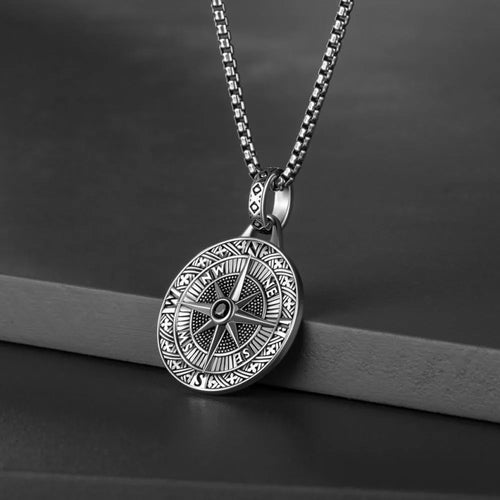 Compass Pendant Necklace Silver Stainless Steel