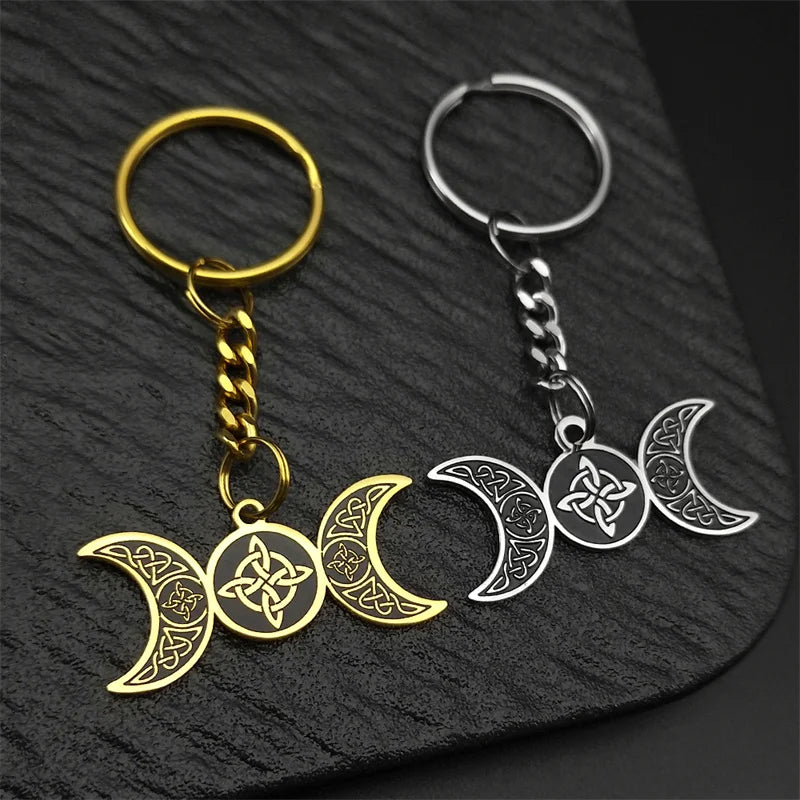 Viking Steel Ring Wiccan Triple Moon Goddess Key