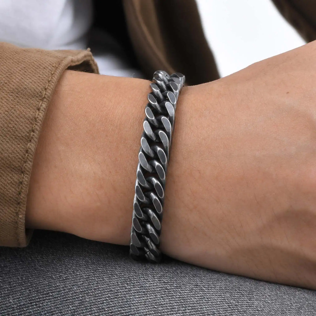 Vintage Men's Chunky Chain Bracelets,8/10/12mm Retro Grey Stainless Steel Cuban Chain Wristband,Rock Punk Classic