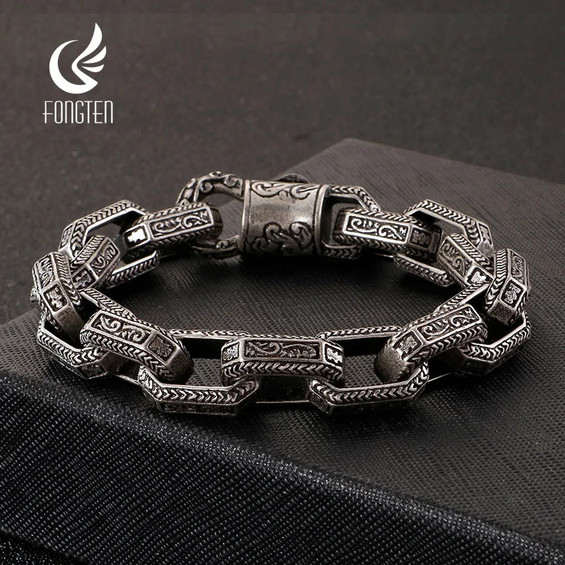 Fongten Vintage Square Bracelet For Men Stainless Steel Totem Viking Charm Heavy Bracelets Bangle Male Jewelry Pulsera