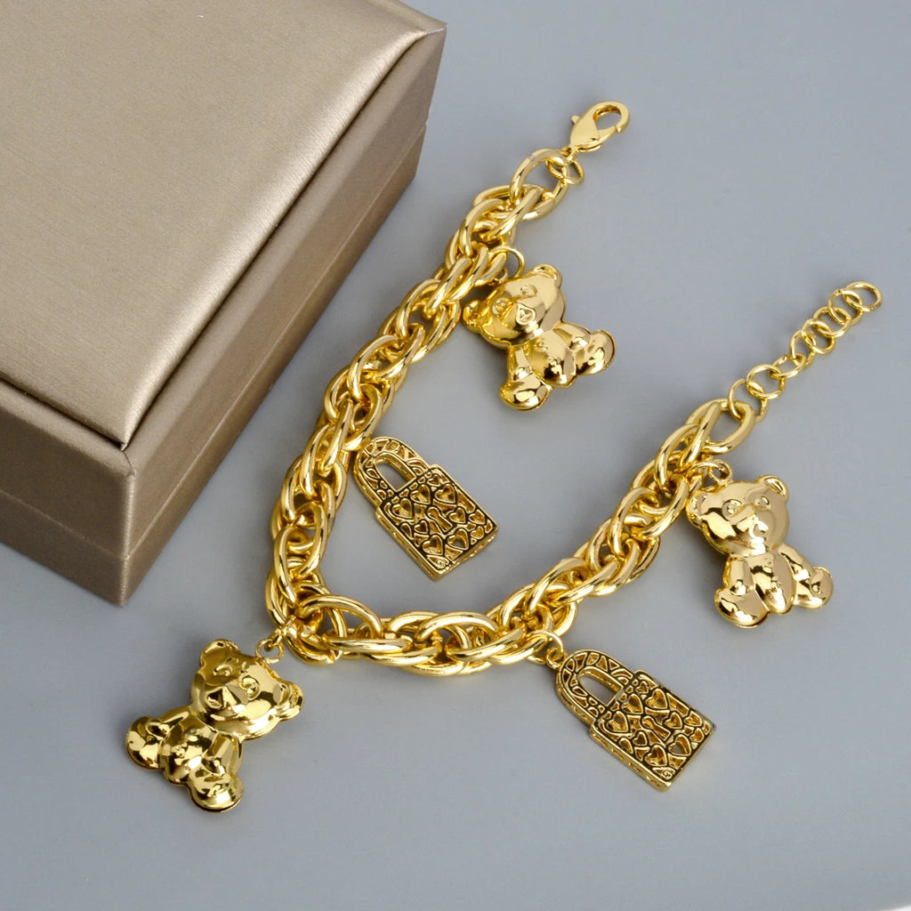Diana Baby Link Chain Copper Gold Color Bear and Lock Bracelets for Women Wholesale Retail Fashion Jewelry Party