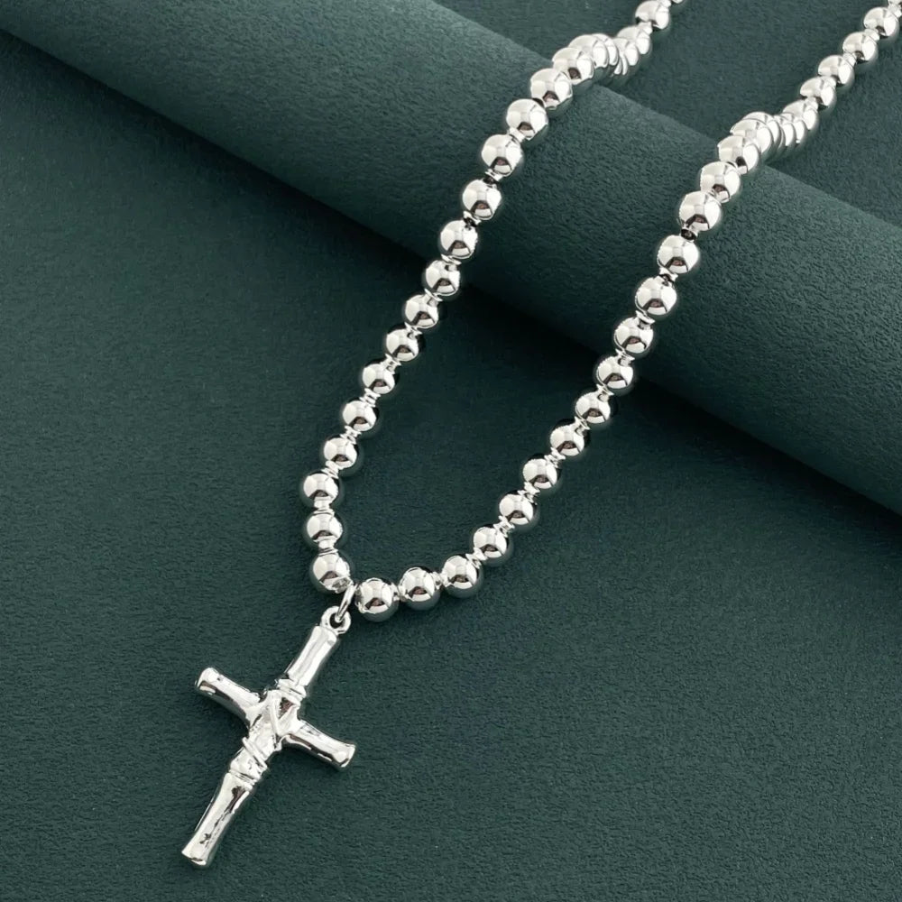 Buddhist Beads Chain Cross Pendant Necklace — Silver-Tone 6mm