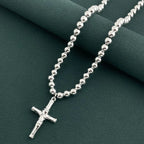 Buddhist Beads Chain Cross Pendant Necklace — Silver-Tone 6mm