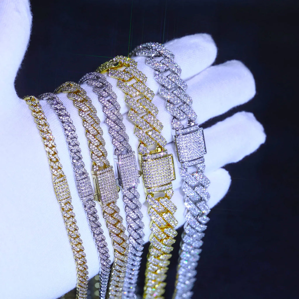 Drop Shipping 6/8/14mm Width Iced Out Cubic Zirconia Cuban Chain 1-2 Row Miami Cuban Link Necklace for Rapper Hip Hop Jewelry