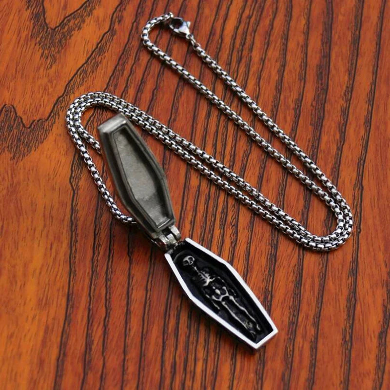 Silver Skull Coffin Pendant Necklace Box Chain