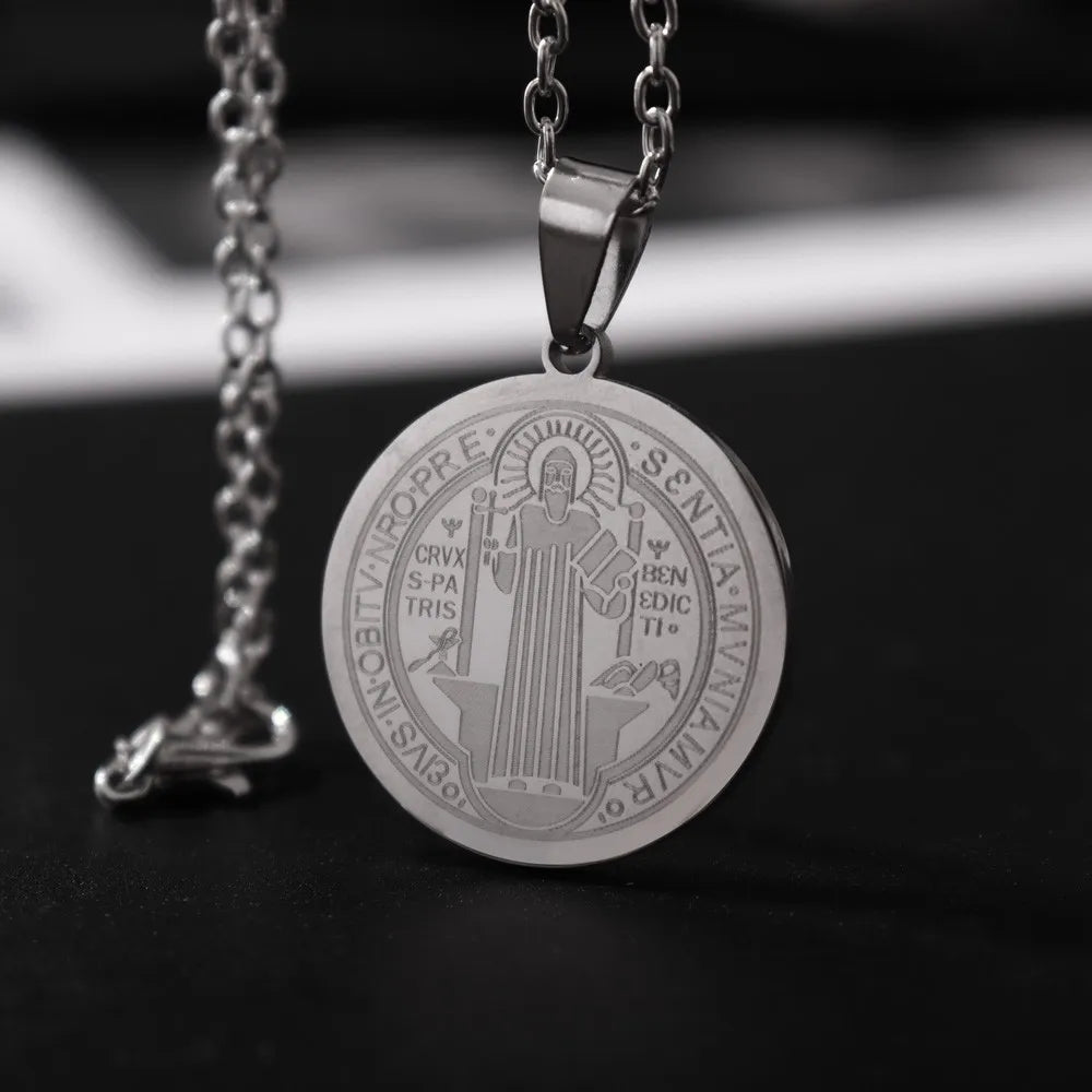 Vintage Coin Catholic Priest Saint Benedict Exorcism Pendant Necklace Jesus Round Pendant Chain for Men's Jewelry 2026