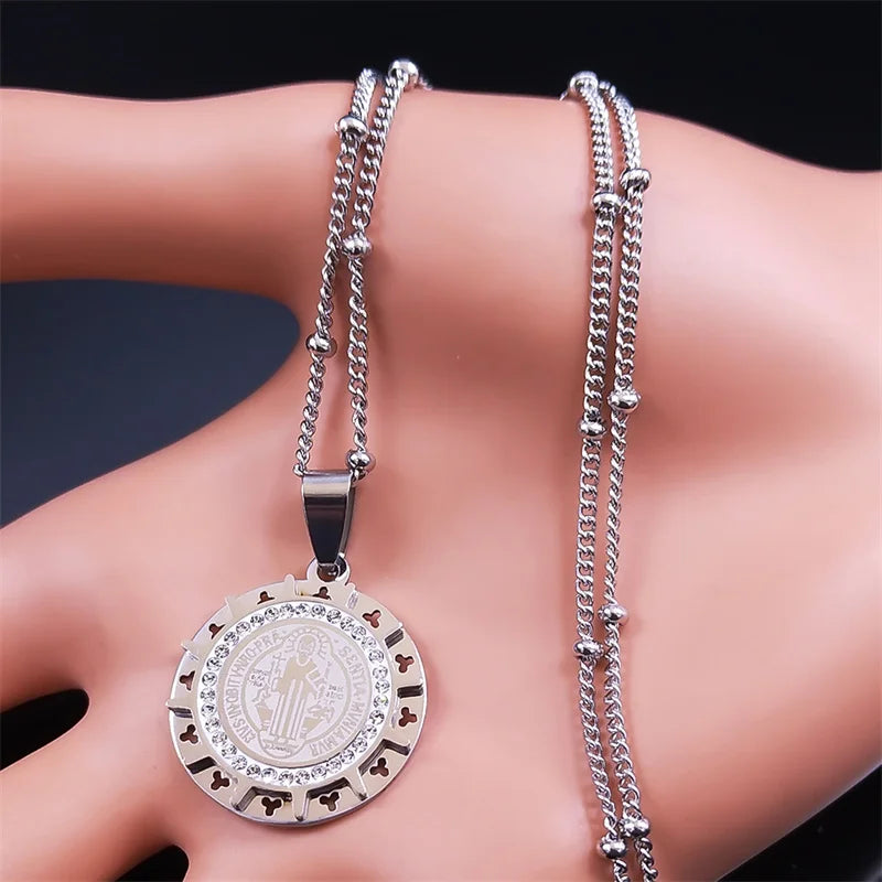 Catholic Saint Benedict Medal Necklace for Women Men Stainless Steel Silver Color San Benito Religious Chain Jewelry N8085S02