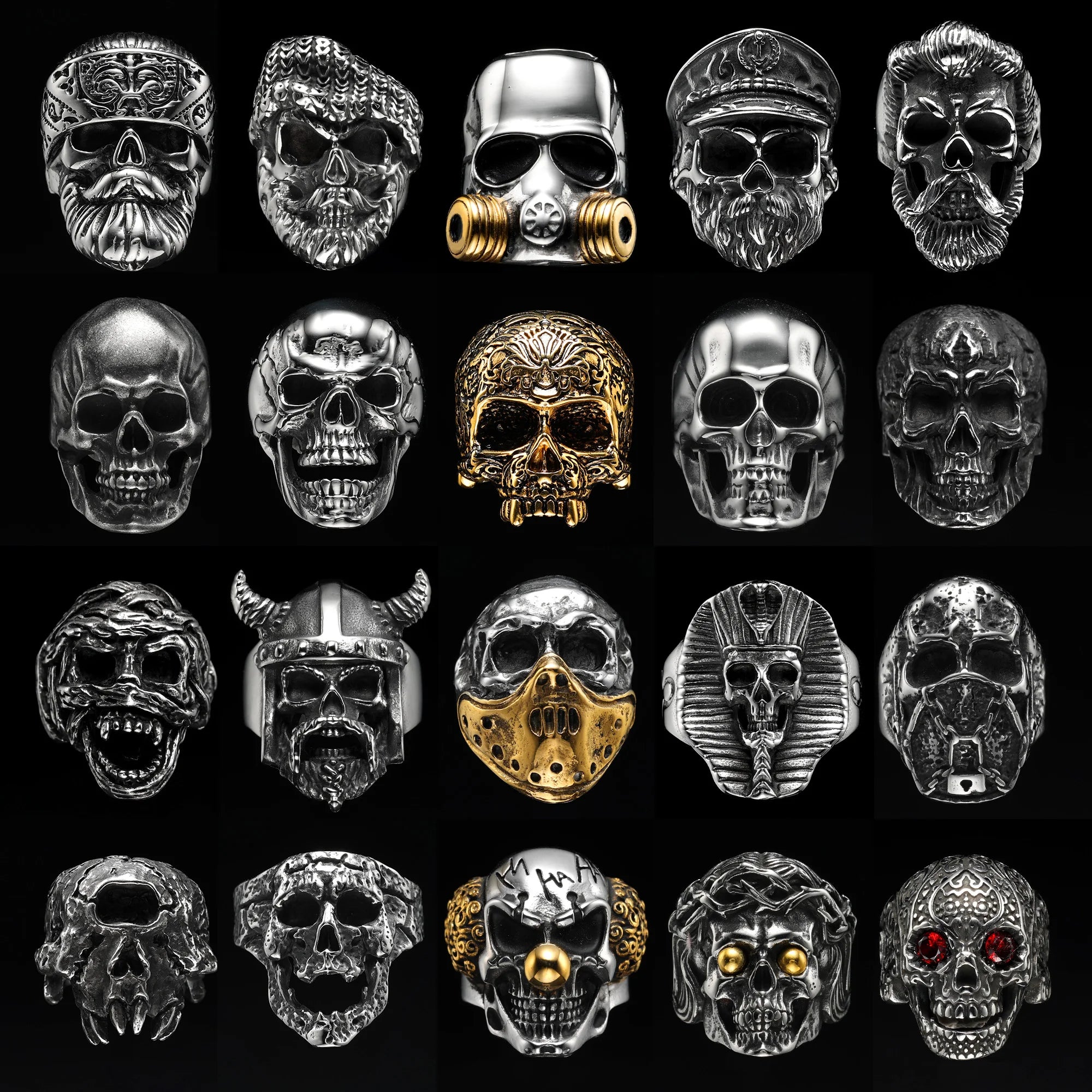 Vintage Punk Gothic All Skull Head Series Stainless Steel Womens Mens Rings Unique for Biker Jewelry Creativity Gift
