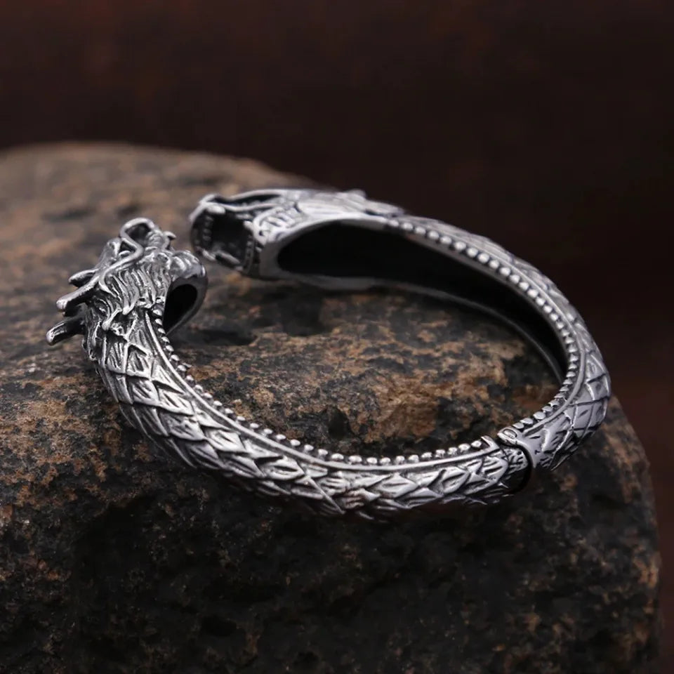 New Vintage Double Dragon Head Bracelets For Men Punk Hip Hop Biker 316L Stainless Steel Vikings Animal Bracelet Amulet