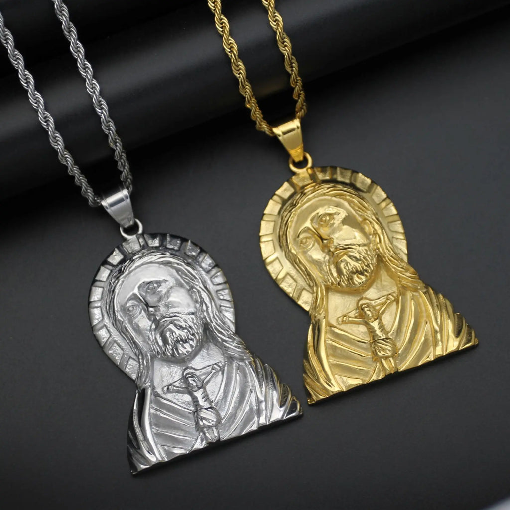 Gold Jesus Christ Face Pendant Necklace for Men — Stainless Steel