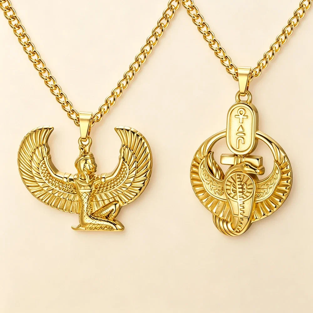 Egyptian Ankh Eagle Wings Feather Necklace — Stainless Steel