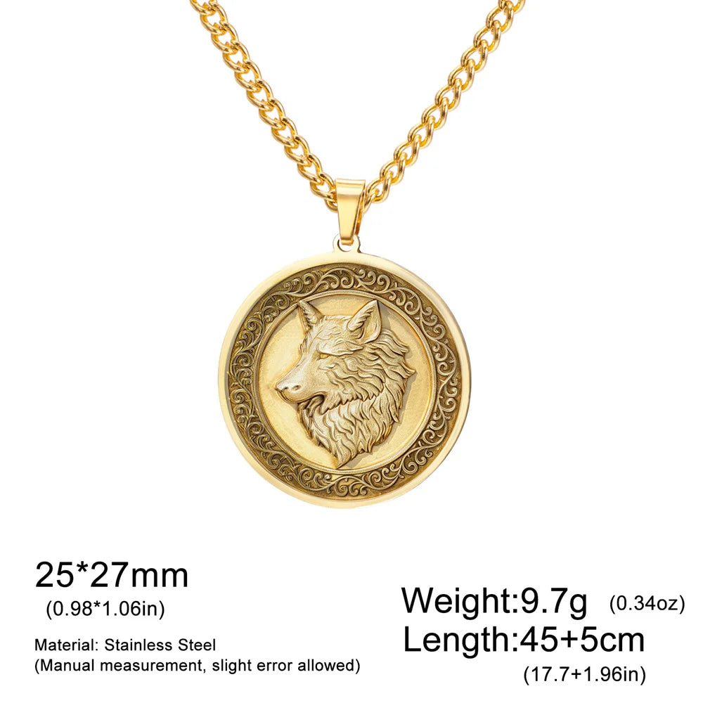 Vintage Wolf Head Necklace Brass 3D Embossed Wolf Coin Pendant Stainless Steel Chain Norse Animal Totem Jewelry Gift