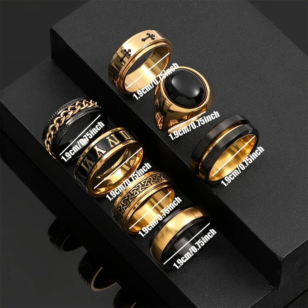 Viking Rune Cross Ring Set for Men — 7-Piece Stainless Steel