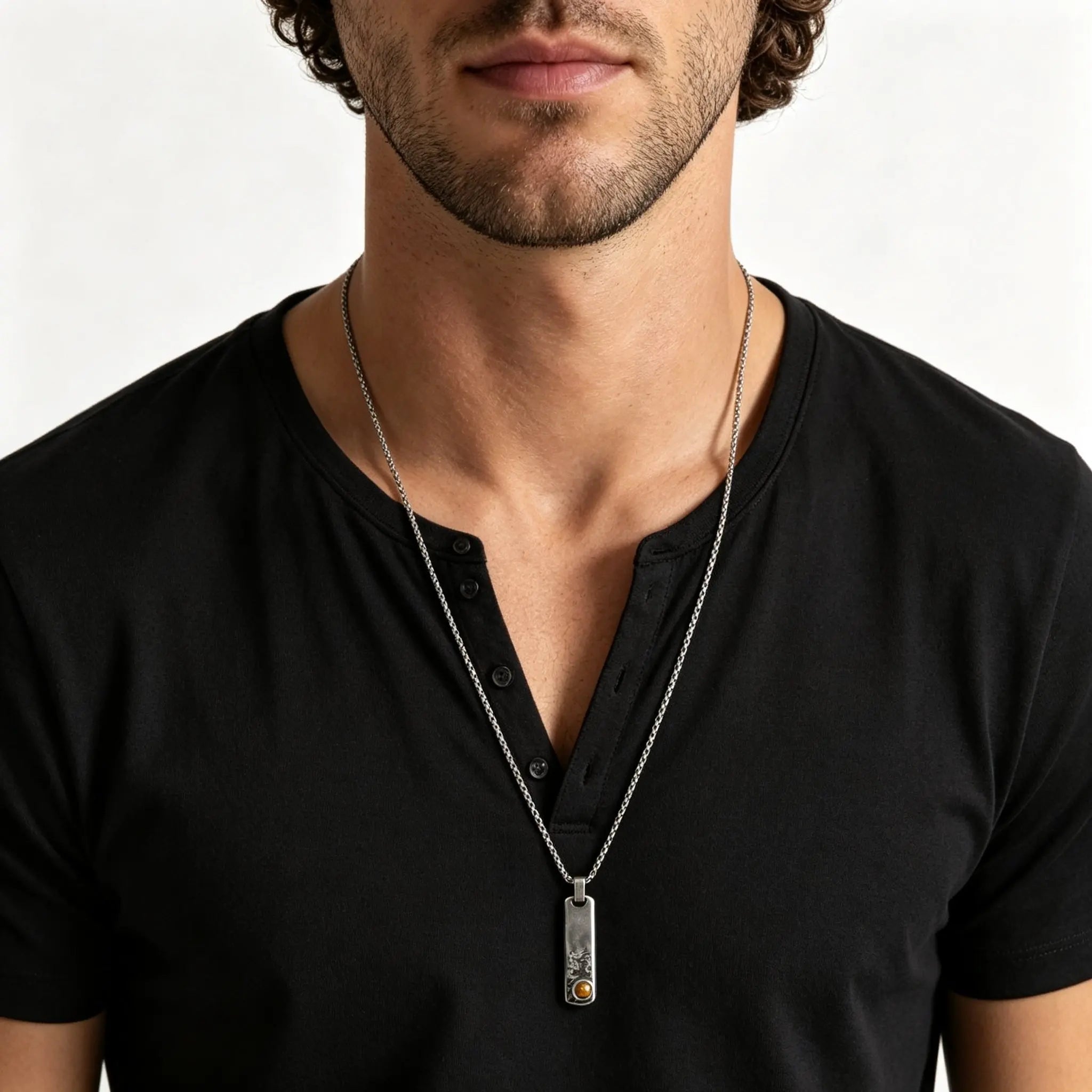 Vintage Men's Natural Stone Rectangle Pendant Necklace,Grey Stainless Steel Thin Bar Necklace,Birthday Party Jewelry