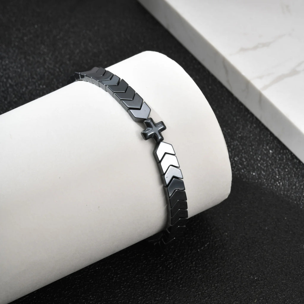 Vnox Cross Beaded Bracelet for Men Him, Dark Gothic Chain Link Jewelry, Punk Religious Statement Gift for Dad Father