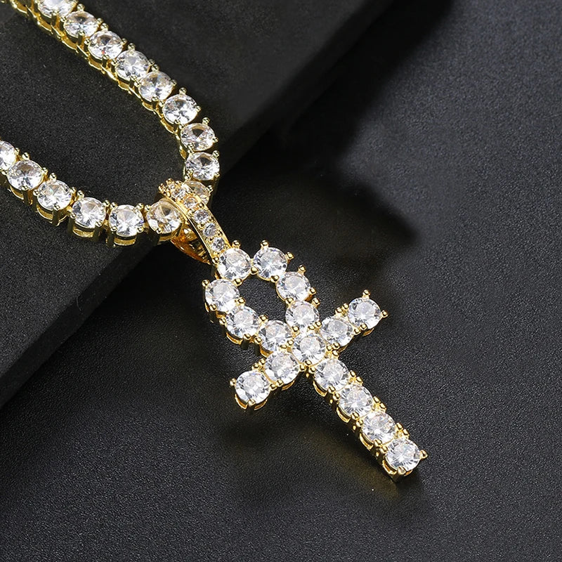 Iced Out Tennis Cross Pendant — Gold
