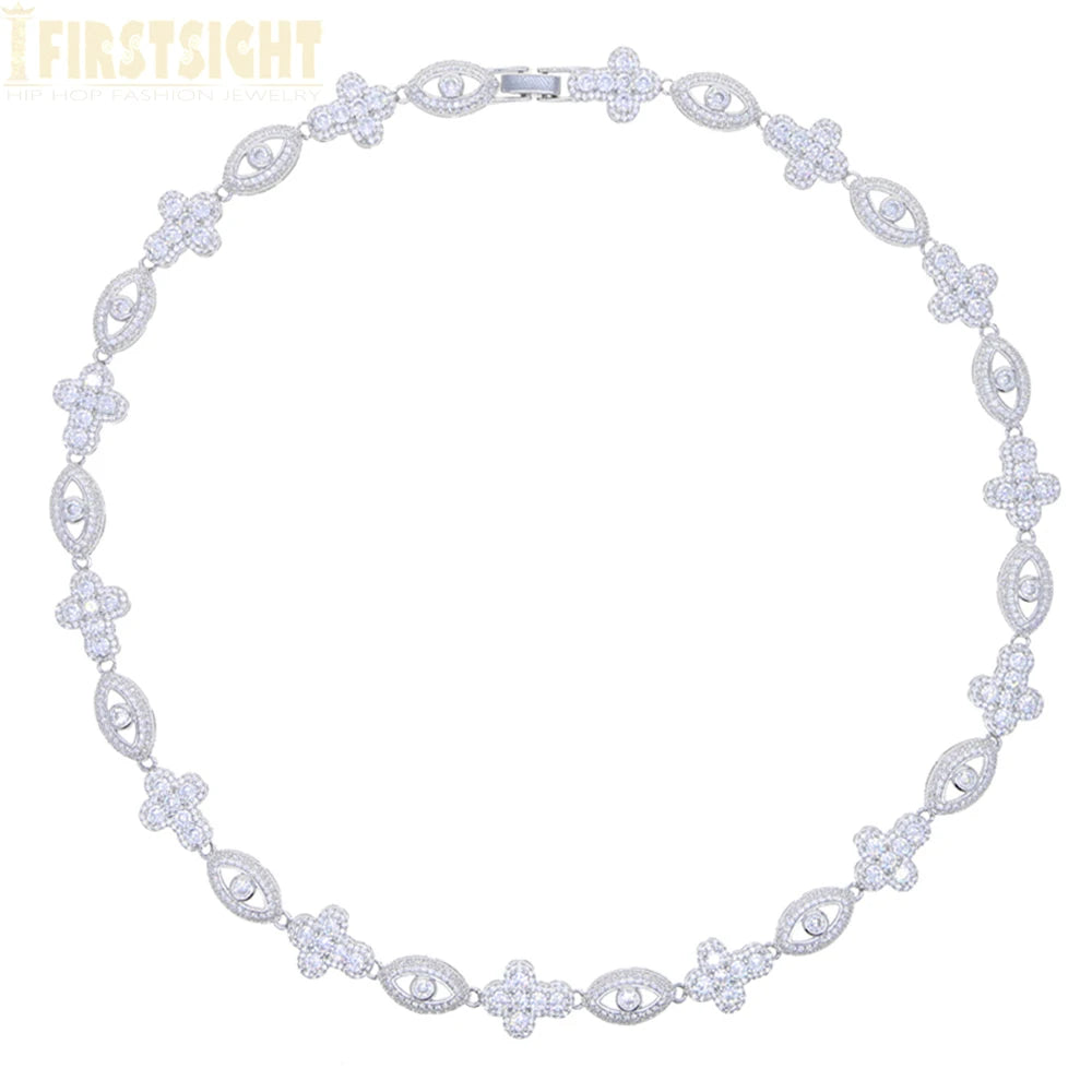 2026 New Iced Out Luxury Eye Cross Necklace Bling Cubic Zirconia Charm Tennis Chain for Men Women Hip Hop Jewelry