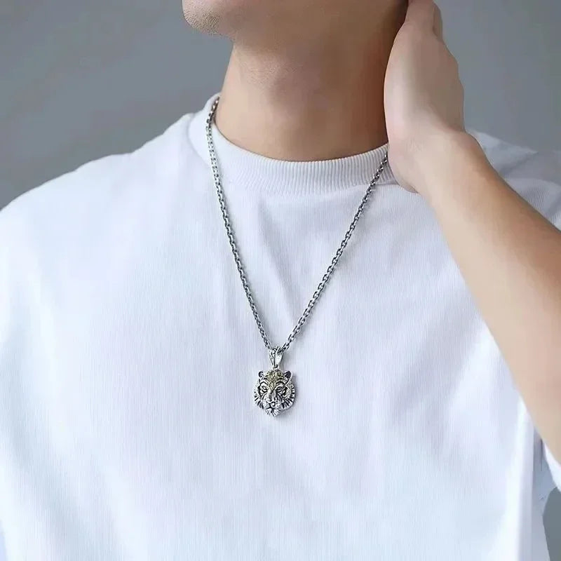 Domineering Tiger Head Pendant Men\\\'s Fashion Animal Tiger Necklace Punk Hip-Hop Trend Casual Jewelry Boyfriend Gift