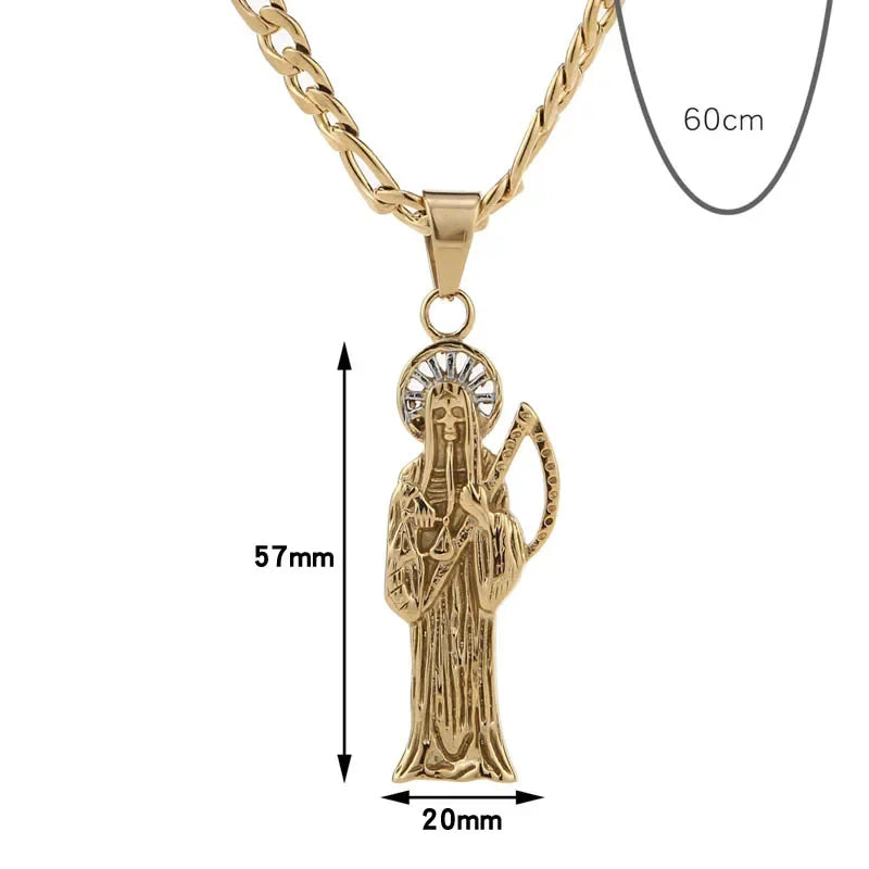 Witaya Classic New Retro Death of Angel Santa Muerte Mens Pendant Necklace 316L Stainless Steel Jewelry Men Party Gift
