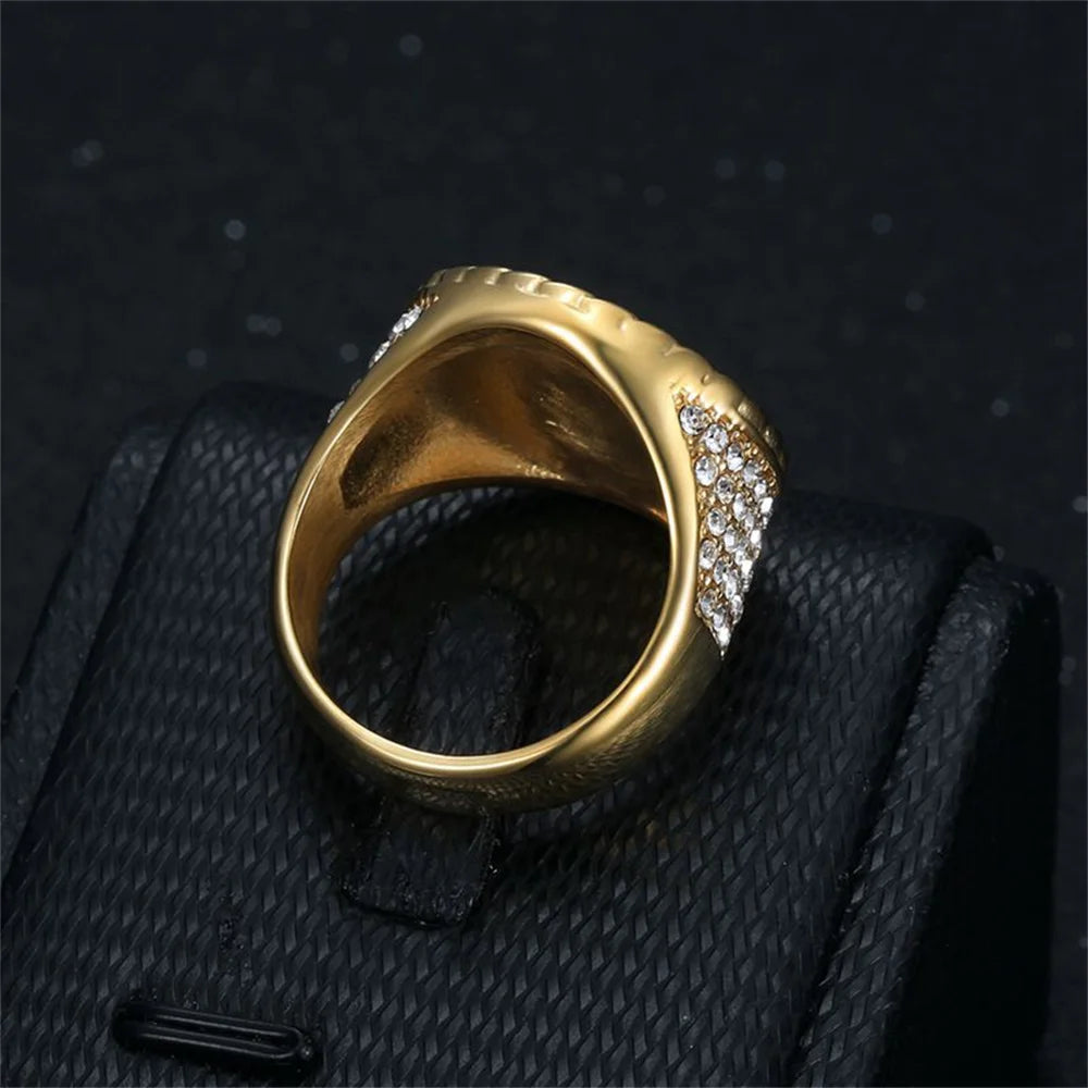 Hip Hop Iced Out Bling Dollar Signs Ring Male Gold Color Stainless Steel Rapper Big Round Money Rings For Men Party