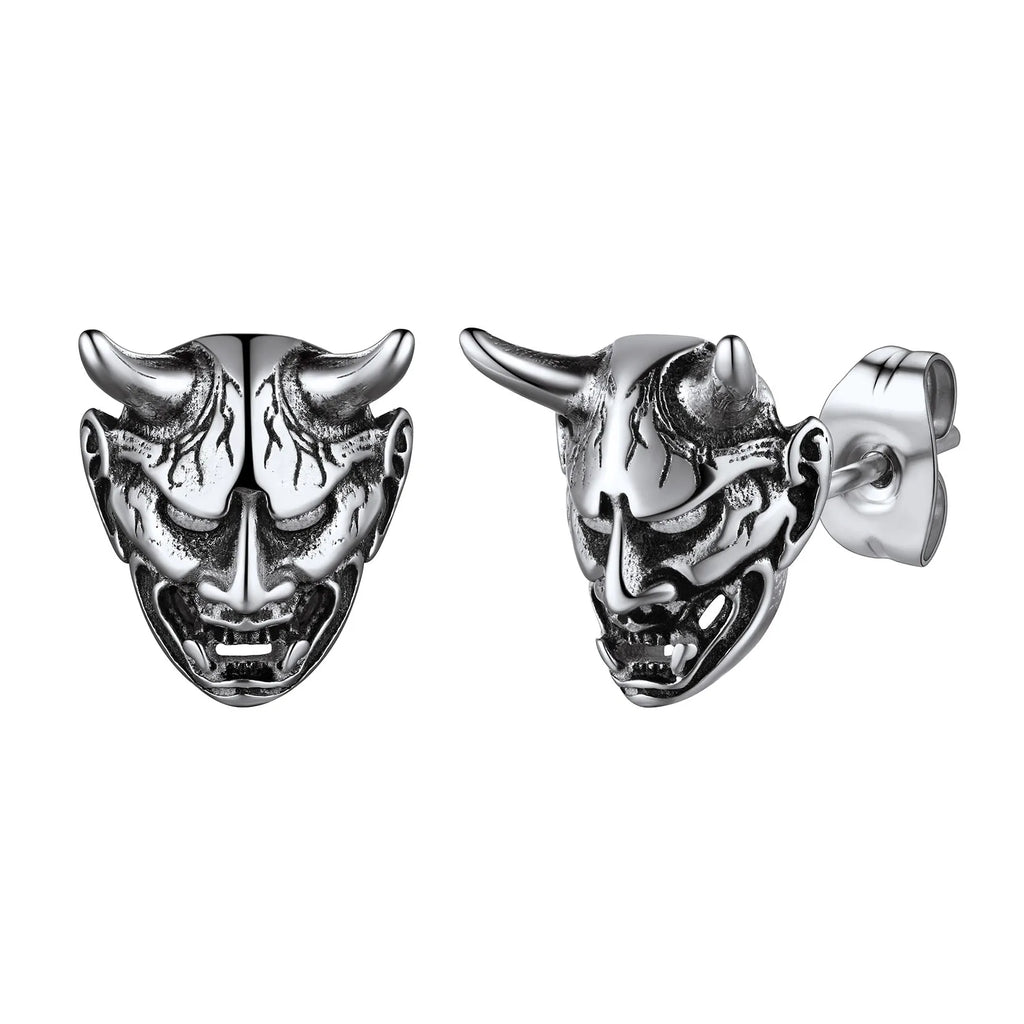 Japanese Oni Hannya Mask Stud Earrings — Stainless Steel