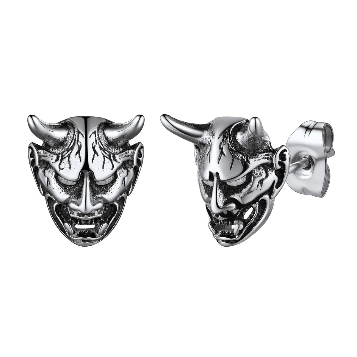 Japanese Oni Hannya Mask Stud Earrings — Stainless Steel