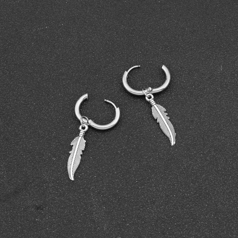 Vintage Feather Round Hoop Earrings — Stainless Steel