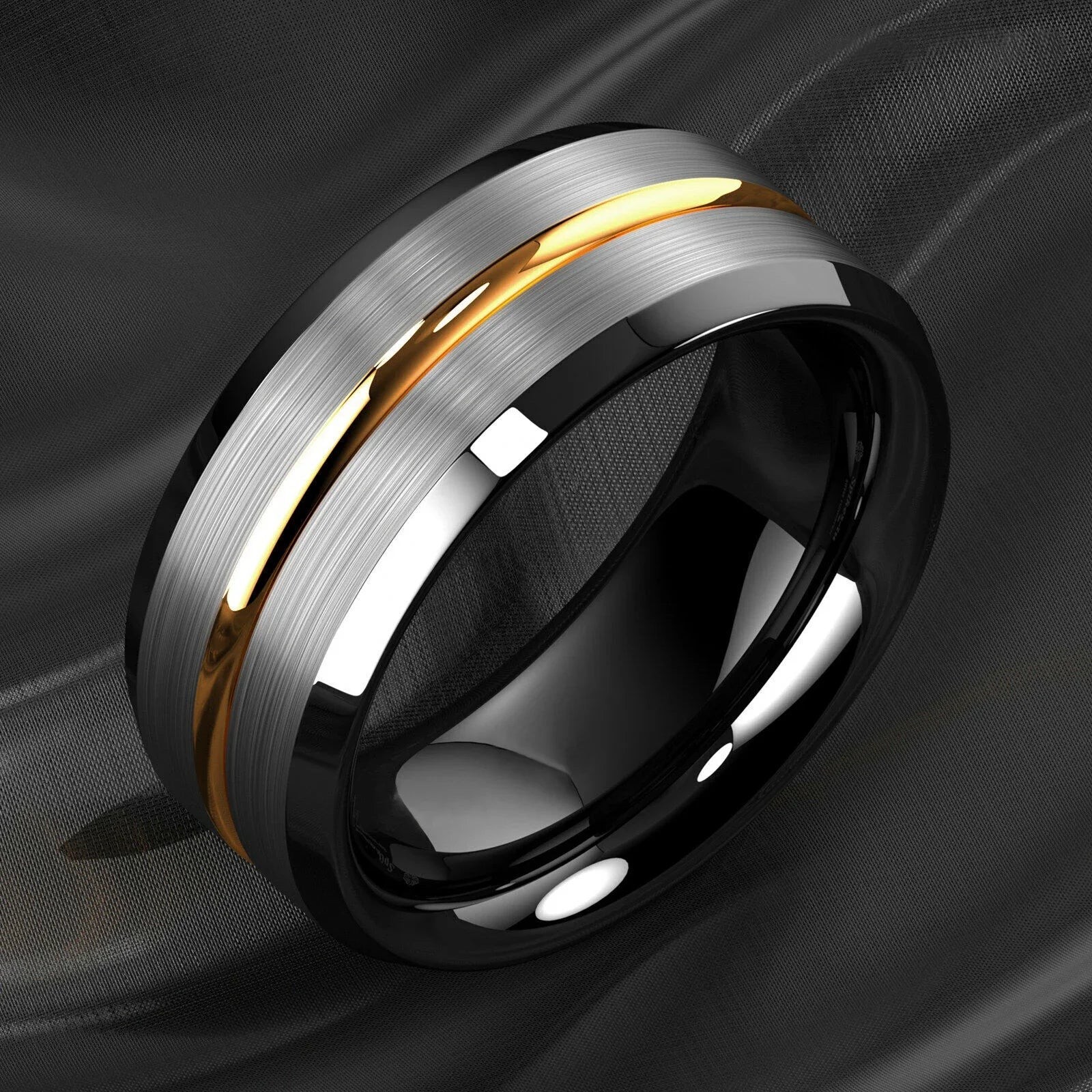 8MM Fashion Gold Color Groove Stainless Steel Rings Silver Color Brushed Black Edge Rings Women Wedding Band Jewelry