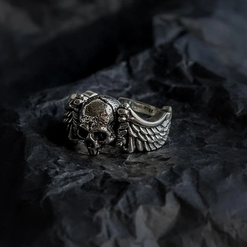 Wings Skull Head Open Ring — Stainless Steel