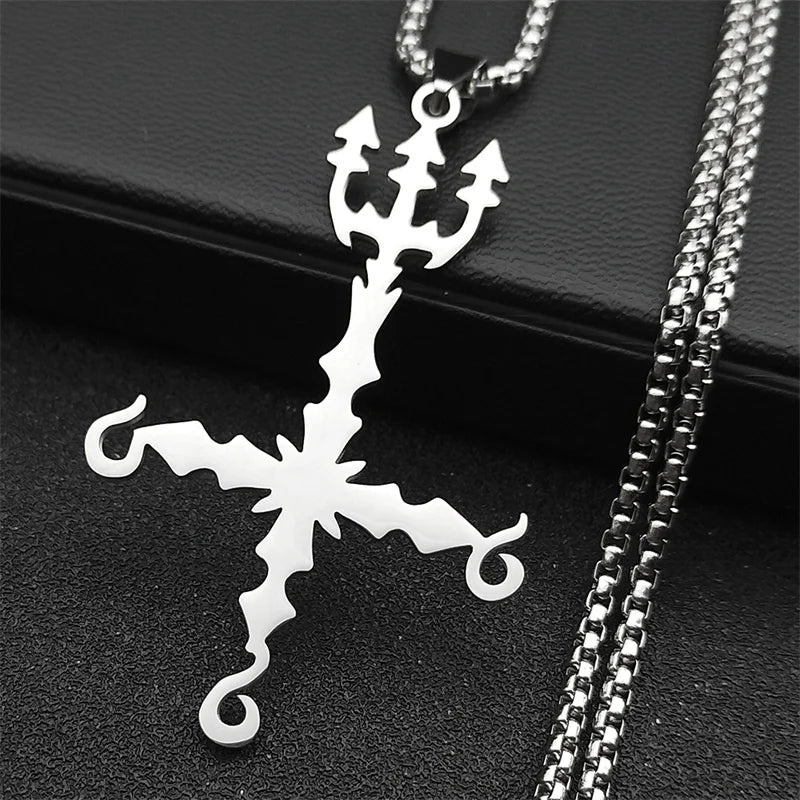 Heavy Metal 666 Music Band Necklace Stainless Steel Black Color Sigil Church of Satan Fork Cross Necklaces Jewelry N8055BKS06