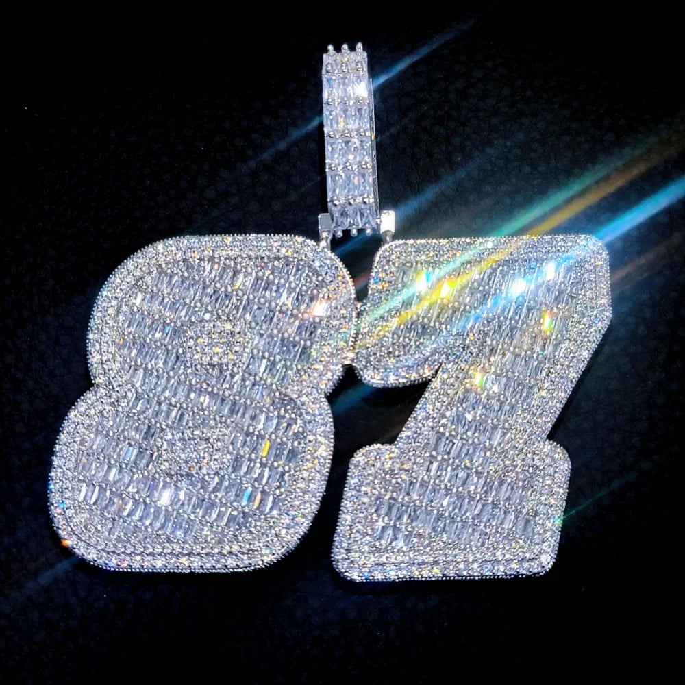 Custom Ice Number Word Pendant Chain Icy Baguettecz Letter Necklace Solid Back Laser Engraving Personalized His Birthday Gifts