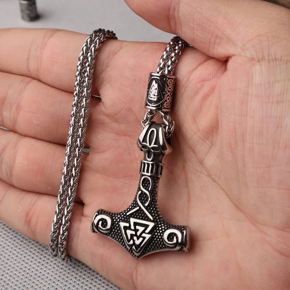Multi Style Beaded Viking Thor's Hammer Pendant Necklace Stainless Steel Necklace Men Biker Mjolnir Amulet Jewelry
