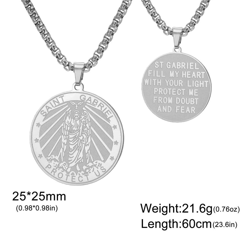Dawapara Archangel Gabriel Pendant Necklace Double Side Carved Spiritual Protection Amulet Stainless Steel Jewelry