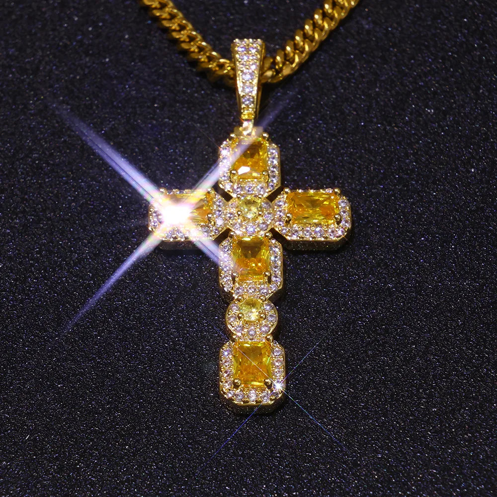 Cross Pendant Necklace Iced Out Yellow CZ