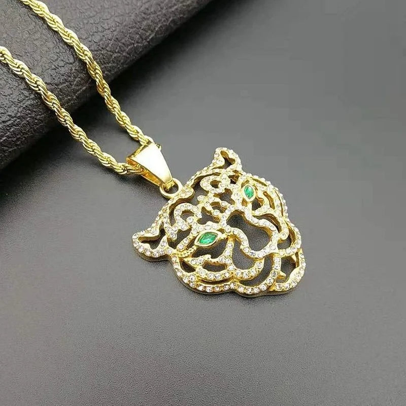 Men's Fashion Titanium Steel Plated Rhinestone Green Eyes Hollow Tiger Head Pendant Necklace Punk Hip Hop Personality