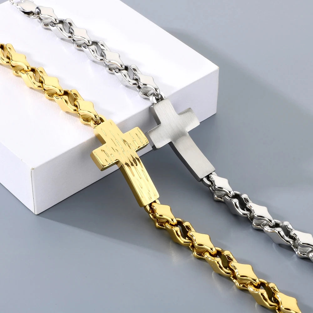 Vintage Cross Bracelet for Man 8MM Wide Waterproof Stainless Steel Chain Bracelets Gifts for Husband Boyfriend Pulsera