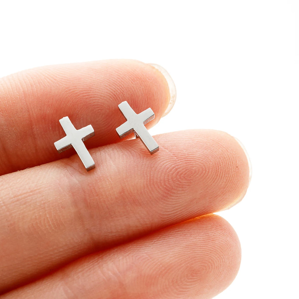 Small Gold Cross Stud Earrings Christian Amulet — Stainless Steel