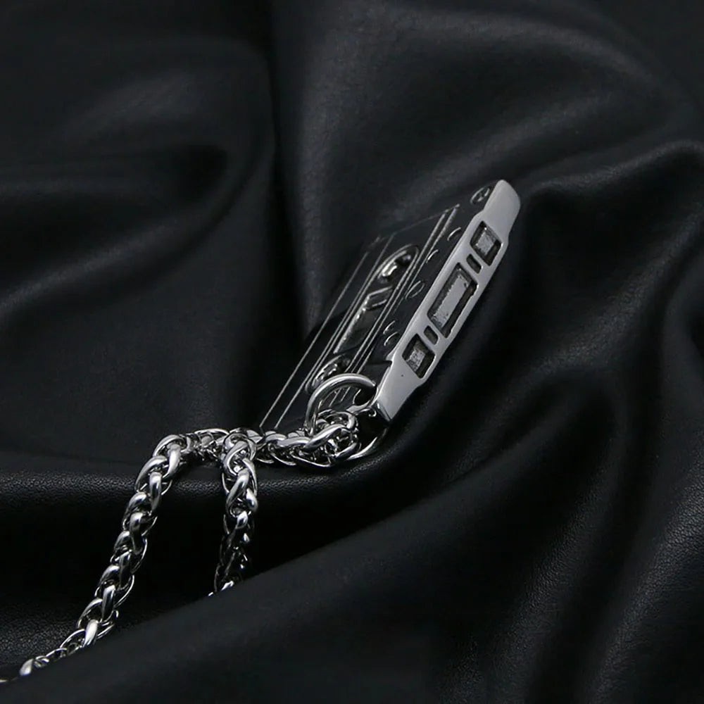Punk Hip Hop Cassette Necklace Vintage Stainless Steel Men Necklace Chain Fashion Nightclub Rock Jewelry Gift