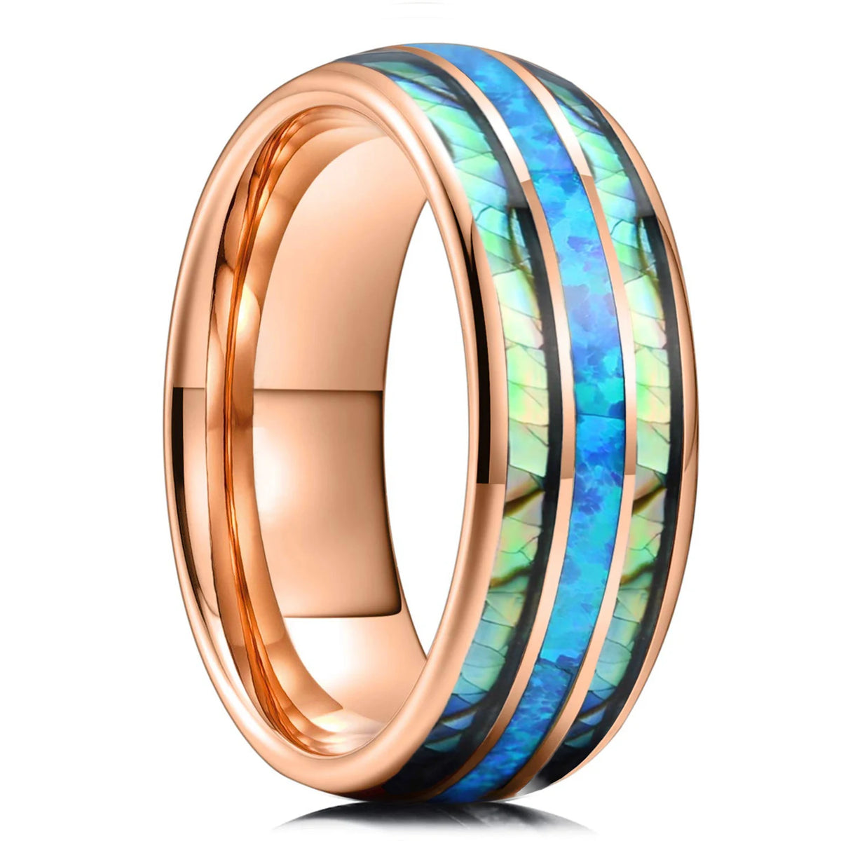 Fashion 8mm Silver Color Men Stainless Steel Ring Inlay Colorful Abalone Shell Rings For Men Women Wedding Band Jewelry Gifts