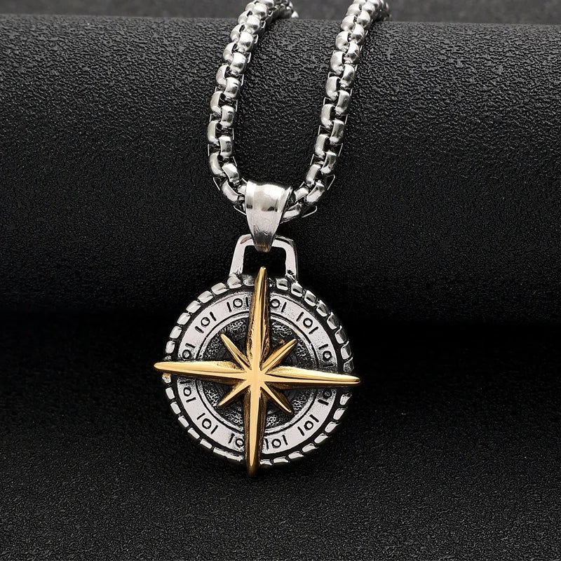 Two-Tone Compass Pendant Necklace Retro Statement