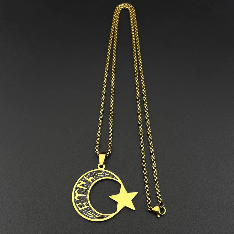 Gold Crescent Moon Star Necklace — Stainless Steel