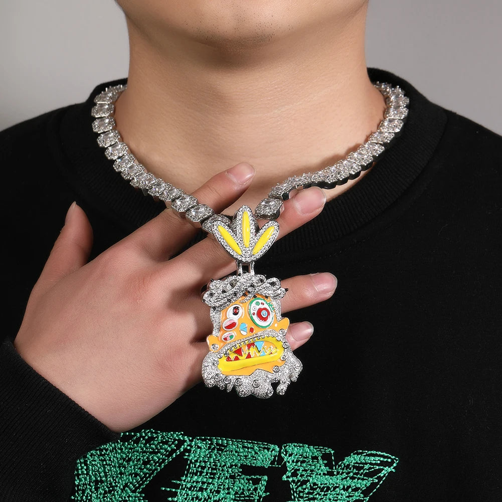 THE BLING KING Travis Scott Hip Hop Anime Enamel Funny Ghost Pendant Necklace Rap Jewelry Colorful Face With Full Cubic Zircon