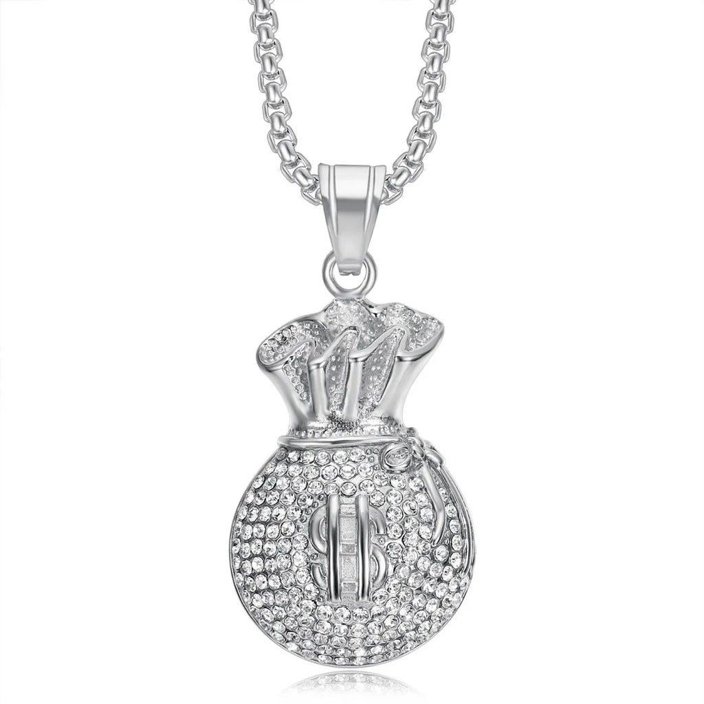 Iced Out Moneybag Dollar Sign Pendant Necklace — Stainless Steel