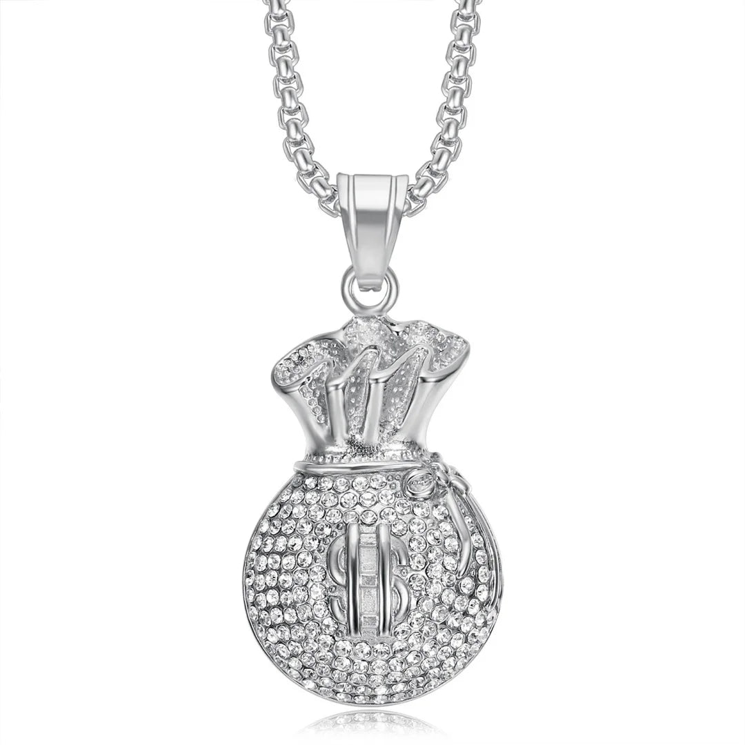 Iced Out Moneybag Dollar Sign Pendant Necklace — Stainless Steel